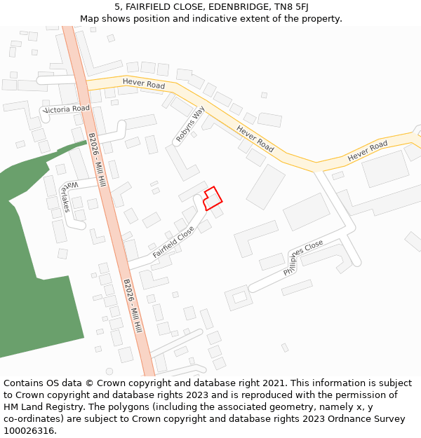 5, FAIRFIELD CLOSE, EDENBRIDGE, TN8 5FJ: Location map and indicative extent of plot