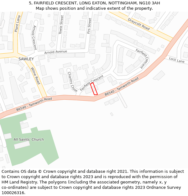 5, FAIRFIELD CRESCENT, LONG EATON, NOTTINGHAM, NG10 3AH: Location map and indicative extent of plot