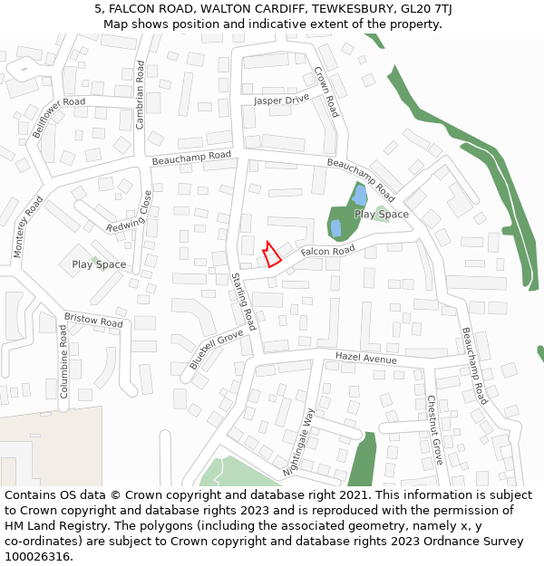 5, FALCON ROAD, WALTON CARDIFF, TEWKESBURY, GL20 7TJ: Location map and indicative extent of plot