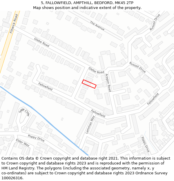 5, FALLOWFIELD, AMPTHILL, BEDFORD, MK45 2TP: Location map and indicative extent of plot