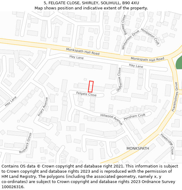 5, FELGATE CLOSE, SHIRLEY, SOLIHULL, B90 4XU: Location map and indicative extent of plot