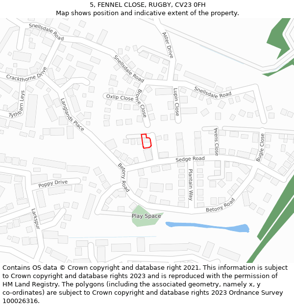 5, FENNEL CLOSE, RUGBY, CV23 0FH: Location map and indicative extent of plot