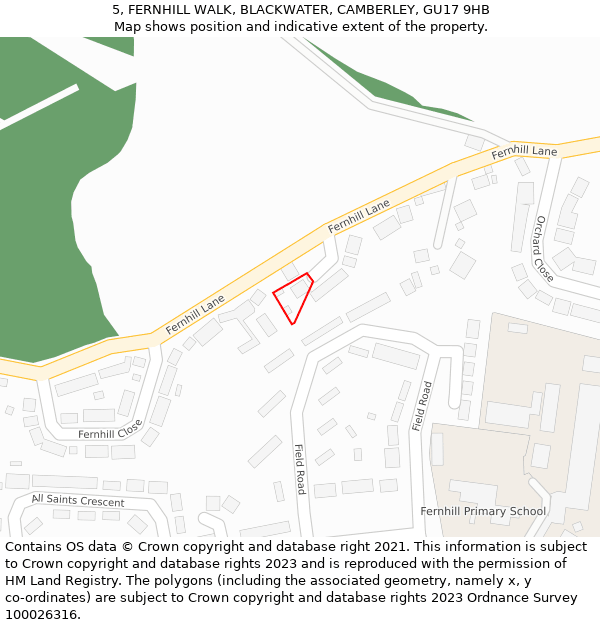 5, FERNHILL WALK, BLACKWATER, CAMBERLEY, GU17 9HB: Location map and indicative extent of plot