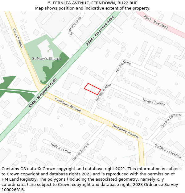 5, FERNLEA AVENUE, FERNDOWN, BH22 8HF: Location map and indicative extent of plot