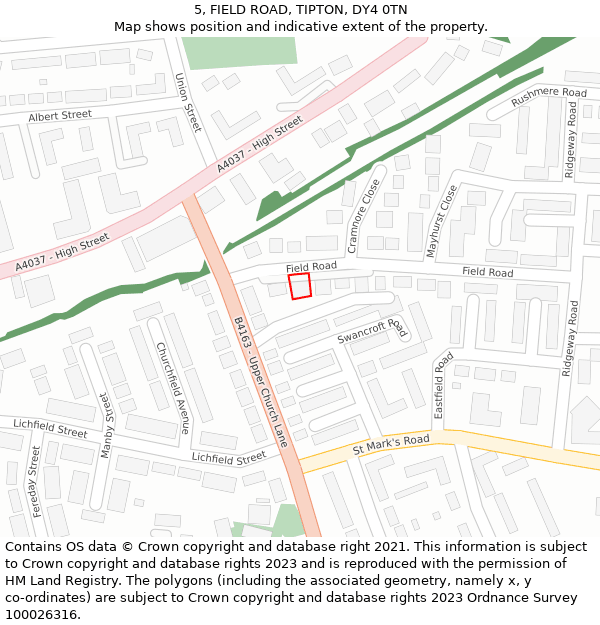 5, FIELD ROAD, TIPTON, DY4 0TN: Location map and indicative extent of plot