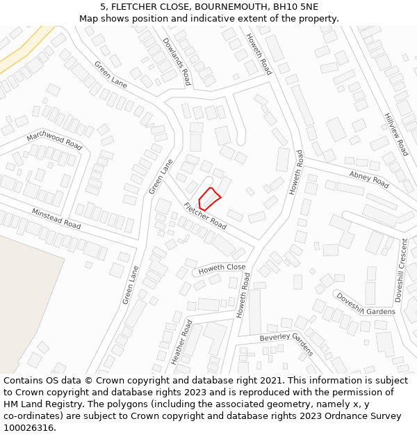 5, FLETCHER CLOSE, BOURNEMOUTH, BH10 5NE: Location map and indicative extent of plot