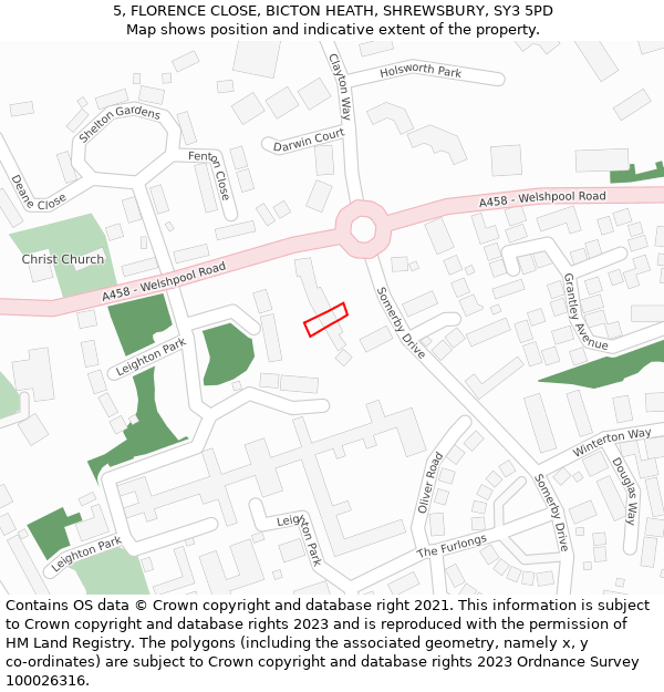 5, FLORENCE CLOSE, BICTON HEATH, SHREWSBURY, SY3 5PD: Location map and indicative extent of plot