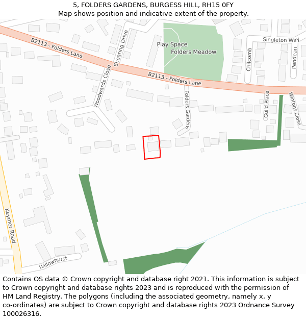 5, FOLDERS GARDENS, BURGESS HILL, RH15 0FY: Location map and indicative extent of plot