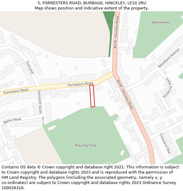 5, FORRESTERS ROAD, BURBAGE, HINCKLEY, LE10 2RU: Location map and indicative extent of plot