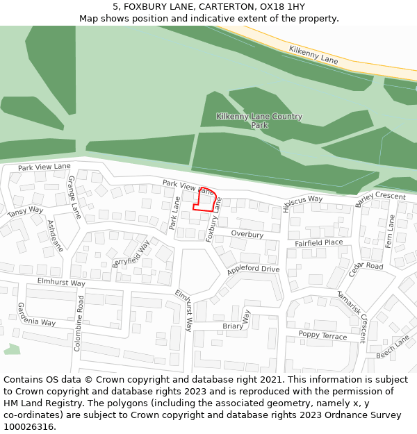 5, FOXBURY LANE, CARTERTON, OX18 1HY: Location map and indicative extent of plot