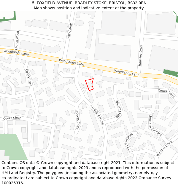 5, FOXFIELD AVENUE, BRADLEY STOKE, BRISTOL, BS32 0BN: Location map and indicative extent of plot