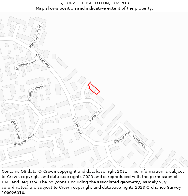 5, FURZE CLOSE, LUTON, LU2 7UB: Location map and indicative extent of plot