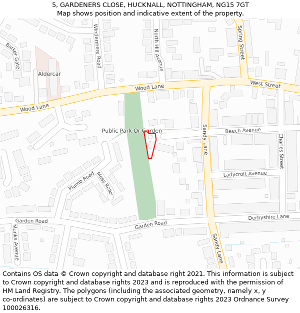 5, GARDENERS CLOSE, HUCKNALL, NOTTINGHAM, NG15 7GT: Location map and indicative extent of plot