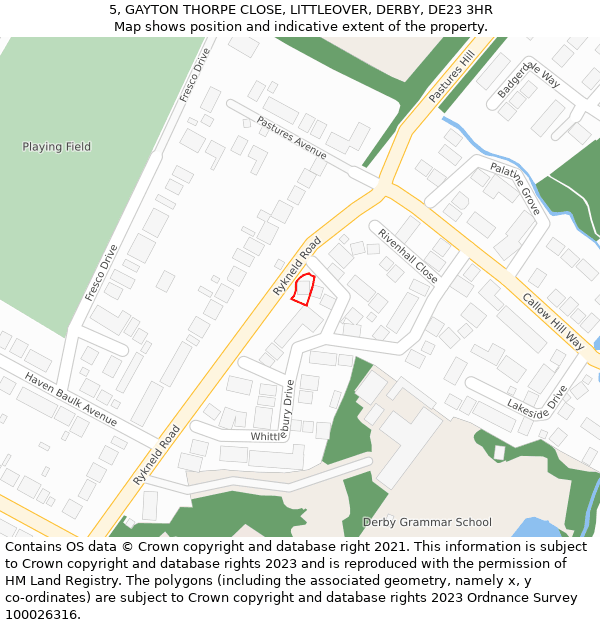 5, GAYTON THORPE CLOSE, LITTLEOVER, DERBY, DE23 3HR: Location map and indicative extent of plot