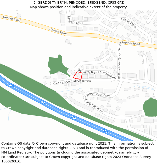 5, GERDDI TY BRYN, PENCOED, BRIDGEND, CF35 6PZ: Location map and indicative extent of plot