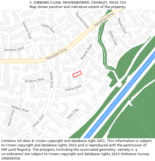 5, GIBBONS CLOSE, MAIDENBOWER, CRAWLEY, RH10 7LH: Location map and indicative extent of plot