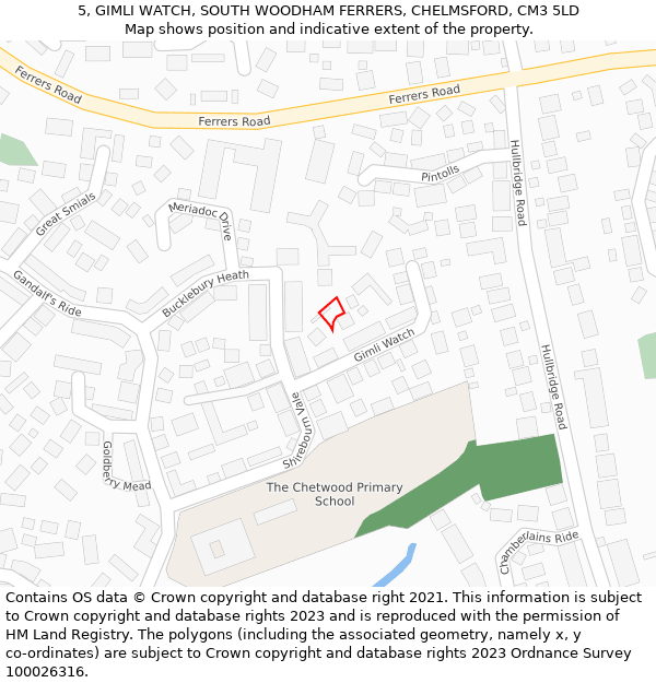 5, GIMLI WATCH, SOUTH WOODHAM FERRERS, CHELMSFORD, CM3 5LD: Location map and indicative extent of plot