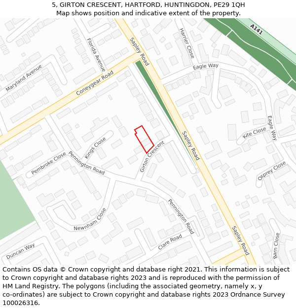 5, GIRTON CRESCENT, HARTFORD, HUNTINGDON, PE29 1QH: Location map and indicative extent of plot