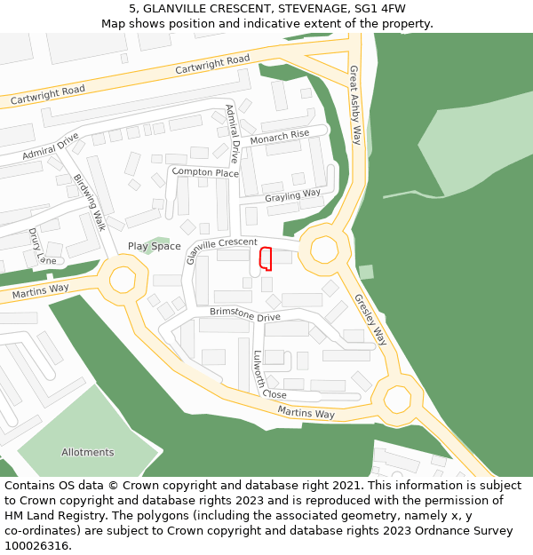 5, GLANVILLE CRESCENT, STEVENAGE, SG1 4FW: Location map and indicative extent of plot