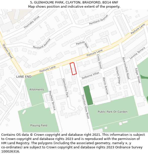 5, GLENHOLME PARK, CLAYTON, BRADFORD, BD14 6NF: Location map and indicative extent of plot