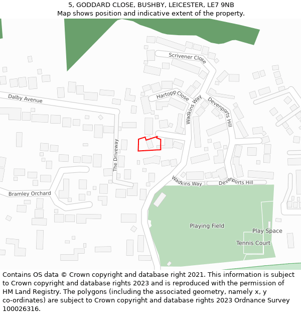 5, GODDARD CLOSE, BUSHBY, LEICESTER, LE7 9NB: Location map and indicative extent of plot