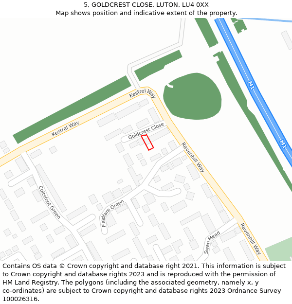 5, GOLDCREST CLOSE, LUTON, LU4 0XX: Location map and indicative extent of plot