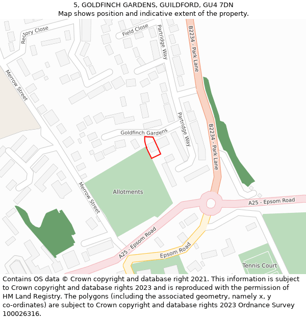 5, GOLDFINCH GARDENS, GUILDFORD, GU4 7DN: Location map and indicative extent of plot