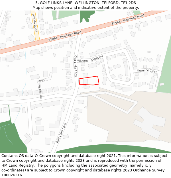 5, GOLF LINKS LANE, WELLINGTON, TELFORD, TF1 2DS: Location map and indicative extent of plot
