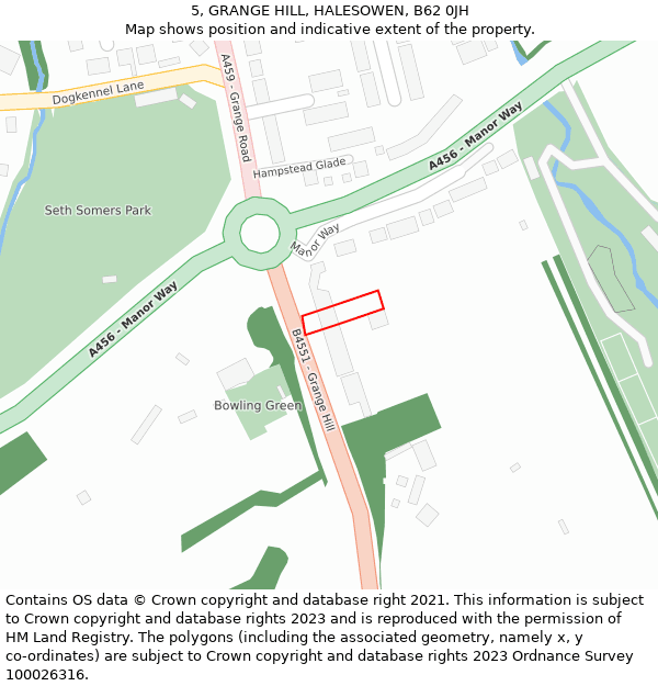 5, GRANGE HILL, HALESOWEN, B62 0JH: Location map and indicative extent of plot
