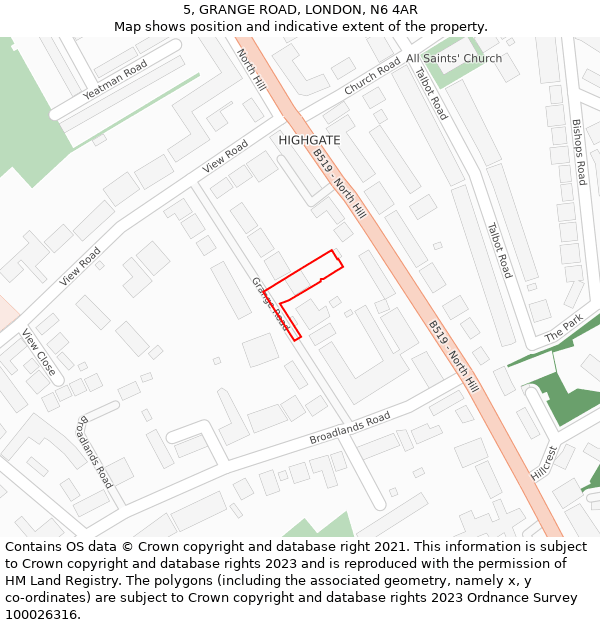 5, GRANGE ROAD, LONDON, N6 4AR: Location map and indicative extent of plot