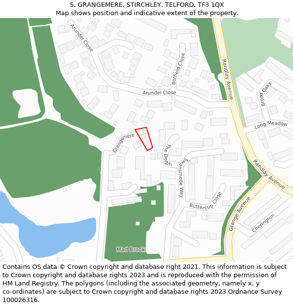 5, GRANGEMERE, STIRCHLEY, TELFORD, TF3 1QX: Location map and indicative extent of plot