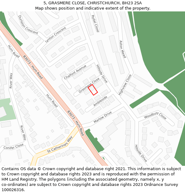 5, GRASMERE CLOSE, CHRISTCHURCH, BH23 2SA: Location map and indicative extent of plot