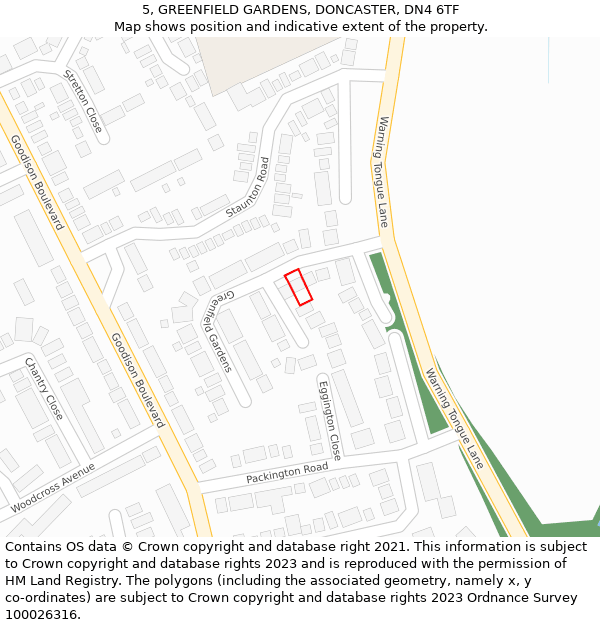 5, GREENFIELD GARDENS, DONCASTER, DN4 6TF: Location map and indicative extent of plot