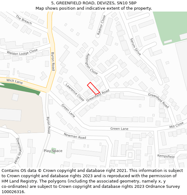 5, GREENFIELD ROAD, DEVIZES, SN10 5BP: Location map and indicative extent of plot