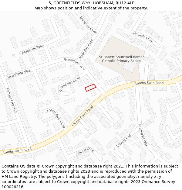 5, GREENFIELDS WAY, HORSHAM, RH12 4LF: Location map and indicative extent of plot