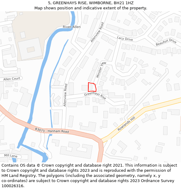 5, GREENHAYS RISE, WIMBORNE, BH21 1HZ: Location map and indicative extent of plot