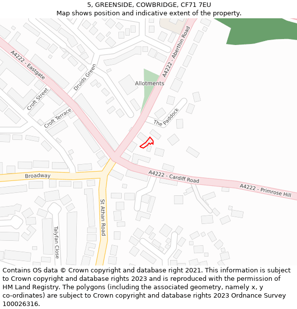 5, GREENSIDE, COWBRIDGE, CF71 7EU: Location map and indicative extent of plot