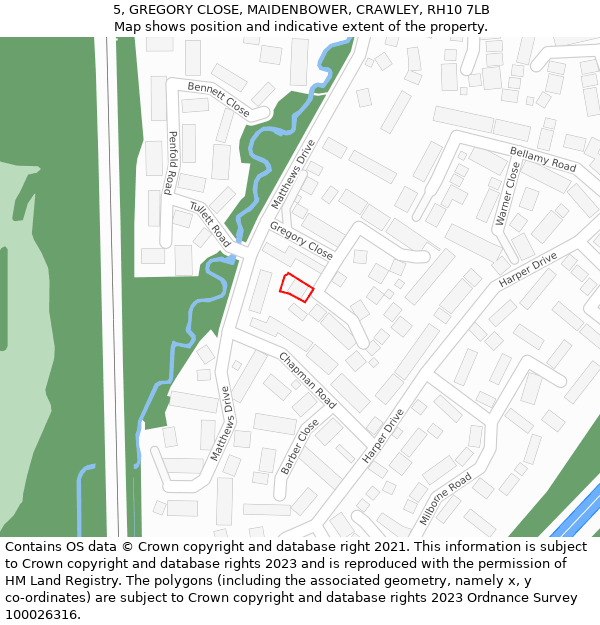 5, GREGORY CLOSE, MAIDENBOWER, CRAWLEY, RH10 7LB: Location map and indicative extent of plot