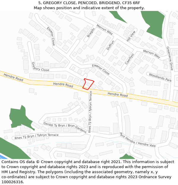 5, GREGORY CLOSE, PENCOED, BRIDGEND, CF35 6RF: Location map and indicative extent of plot