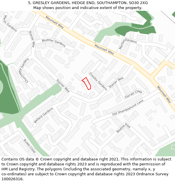 5, GRESLEY GARDENS, HEDGE END, SOUTHAMPTON, SO30 2XG: Location map and indicative extent of plot