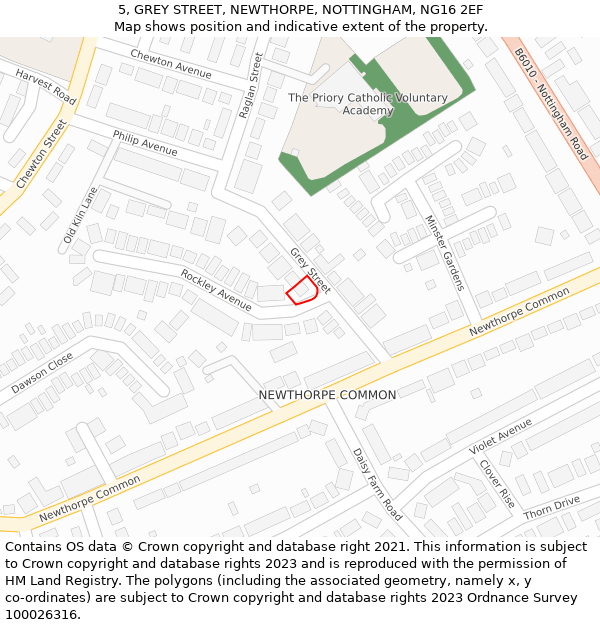 5, GREY STREET, NEWTHORPE, NOTTINGHAM, NG16 2EF: Location map and indicative extent of plot