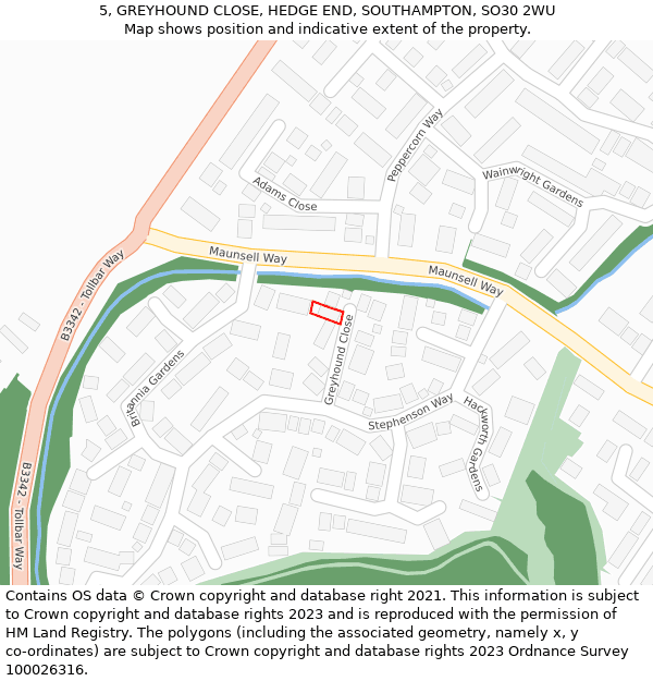 5, GREYHOUND CLOSE, HEDGE END, SOUTHAMPTON, SO30 2WU: Location map and indicative extent of plot