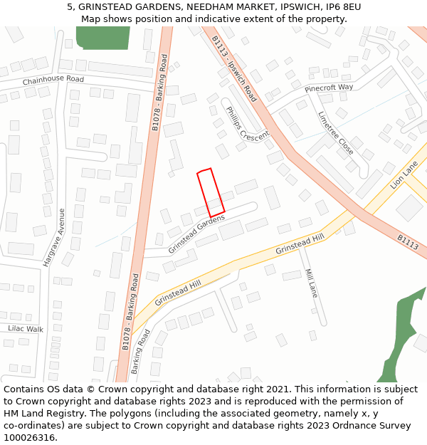 5, GRINSTEAD GARDENS, NEEDHAM MARKET, IPSWICH, IP6 8EU: Location map and indicative extent of plot