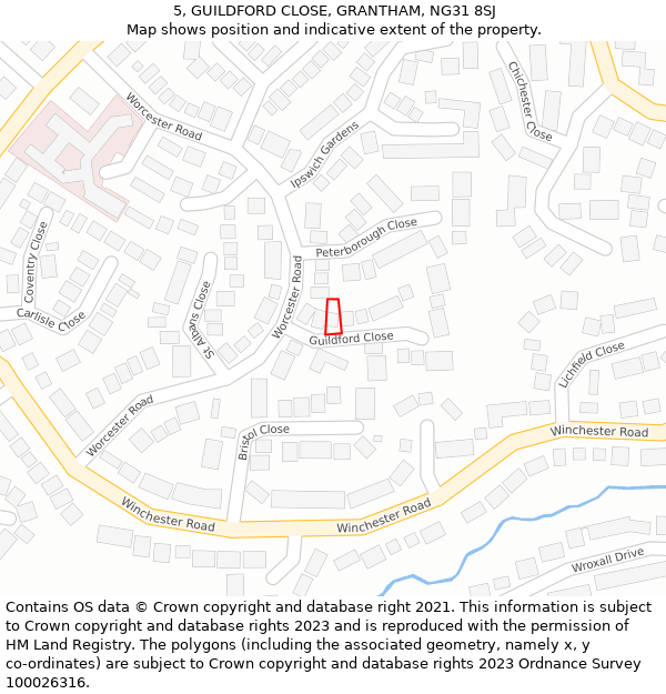 5, GUILDFORD CLOSE, GRANTHAM, NG31 8SJ: Location map and indicative extent of plot