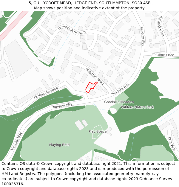 5, GULLYCROFT MEAD, HEDGE END, SOUTHAMPTON, SO30 4SR: Location map and indicative extent of plot