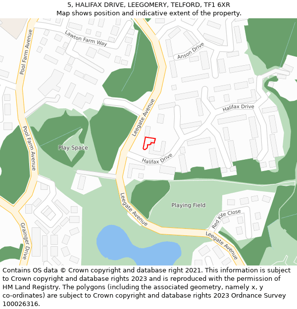 5, HALIFAX DRIVE, LEEGOMERY, TELFORD, TF1 6XR: Location map and indicative extent of plot