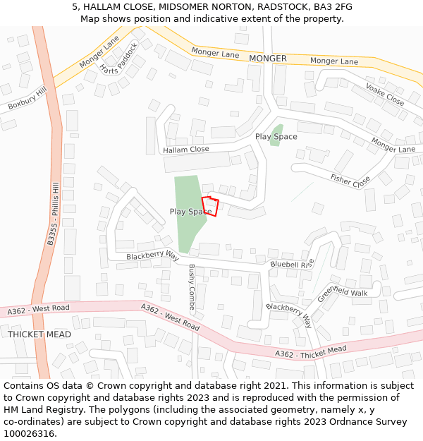 5, HALLAM CLOSE, MIDSOMER NORTON, RADSTOCK, BA3 2FG: Location map and indicative extent of plot