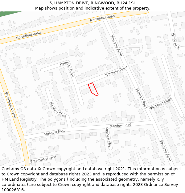 5, HAMPTON DRIVE, RINGWOOD, BH24 1SL: Location map and indicative extent of plot