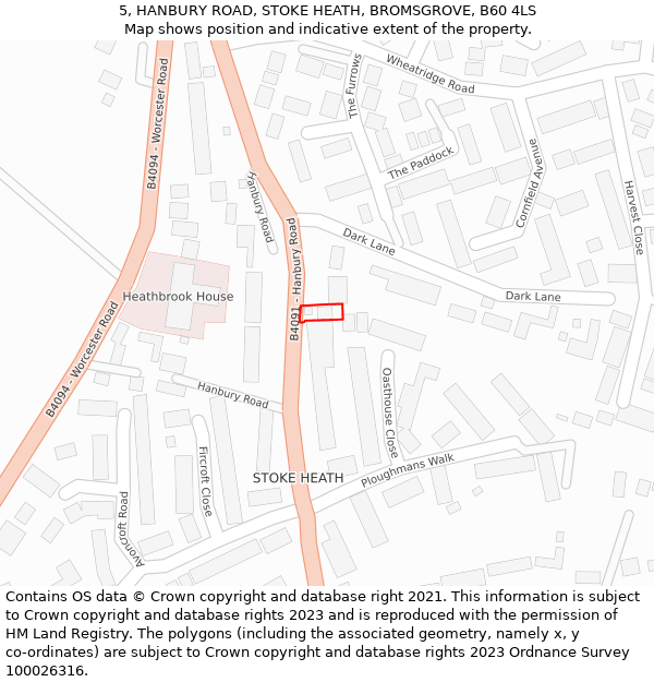 5, HANBURY ROAD, STOKE HEATH, BROMSGROVE, B60 4LS: Location map and indicative extent of plot