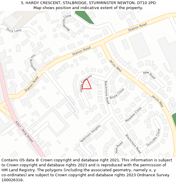 5, HARDY CRESCENT, STALBRIDGE, STURMINSTER NEWTON, DT10 2PD: Location map and indicative extent of plot